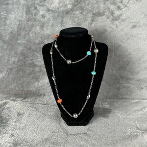RMN Costume Necklace Silver Tone Chain‎ W/ Metal & Faux Turquoise Faux Coral 34”